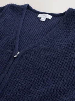 Navy Blue Relaxed Fit Ribbed Zip Through Cardigan with Wool