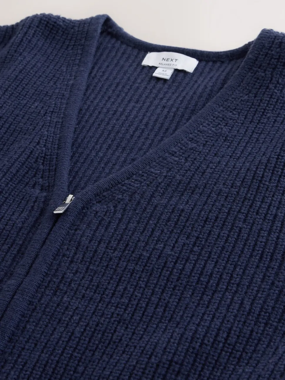 Navy Blue Relaxed Fit Ribbed Zip Through Cardigan with Wool