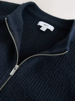 Navy Blue Rib Texture Zip Through Cardigan with Wool