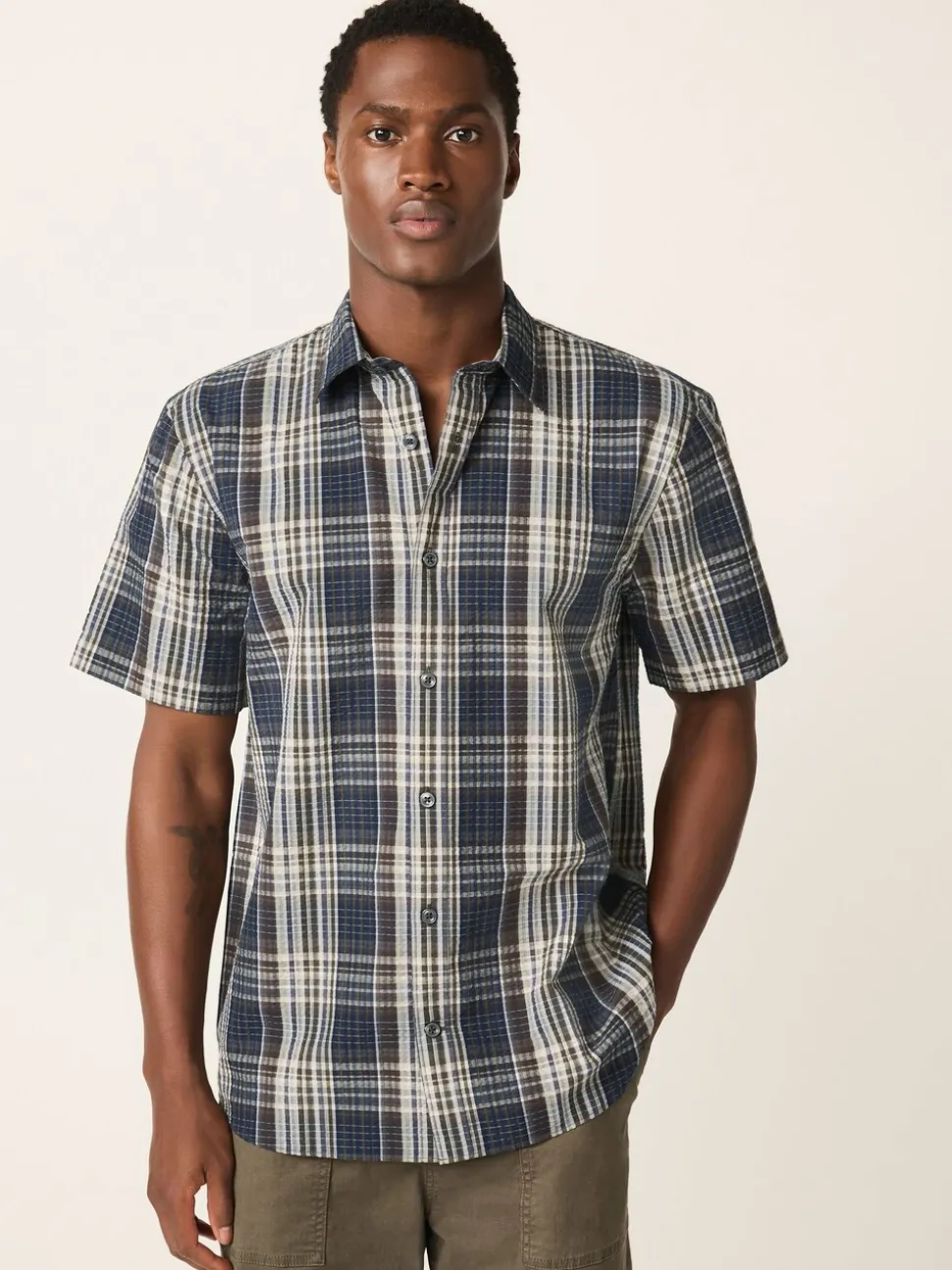 Navy Blue Seersucker Short Sleeve Check Smart Shirt