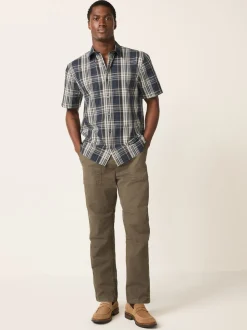 Navy Blue Seersucker Short Sleeve Check Smart Shirt