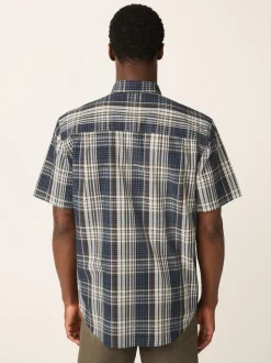 Navy Blue Seersucker Short Sleeve Check Smart Shirt