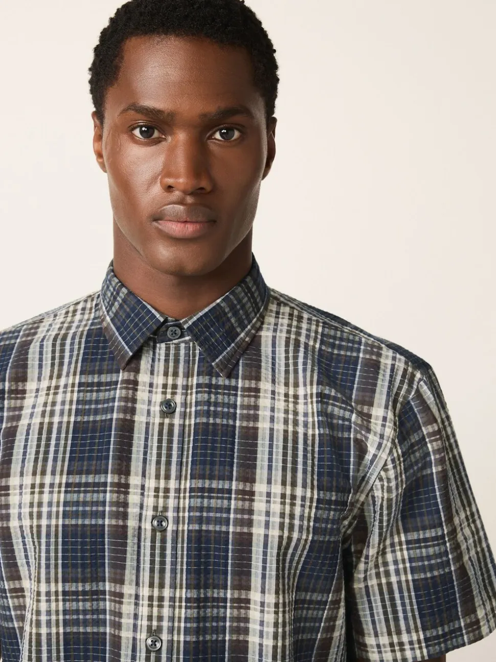Navy Blue Seersucker Short Sleeve Check Smart Shirt