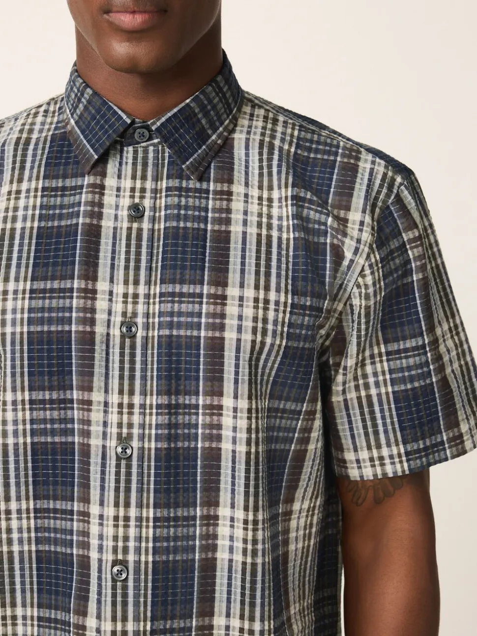 Navy Blue Seersucker Short Sleeve Check Smart Shirt