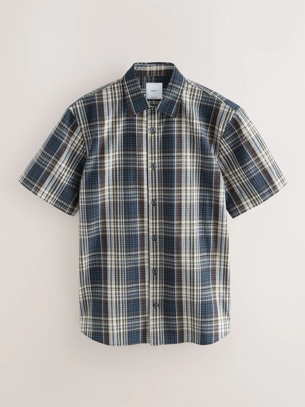 Navy Blue Seersucker Short Sleeve Check Smart Shirt