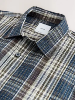 Navy Blue Seersucker Short Sleeve Check Smart Shirt