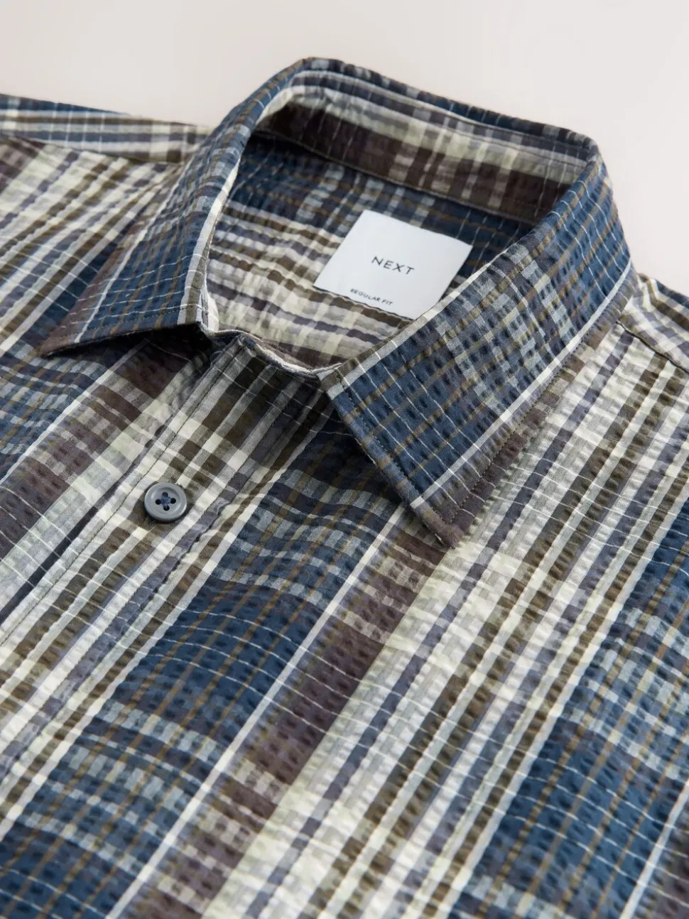 Navy Blue Seersucker Short Sleeve Check Smart Shirt