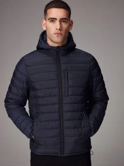 Navy Blue Shower Resistant Lightweight Hooded Puffer Coat Jacket