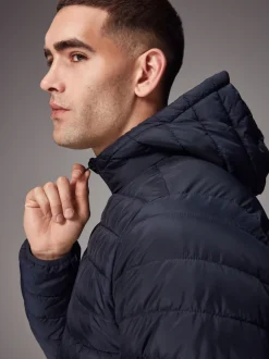 Navy Blue Shower Resistant Lightweight Hooded Puffer Coat Jacket