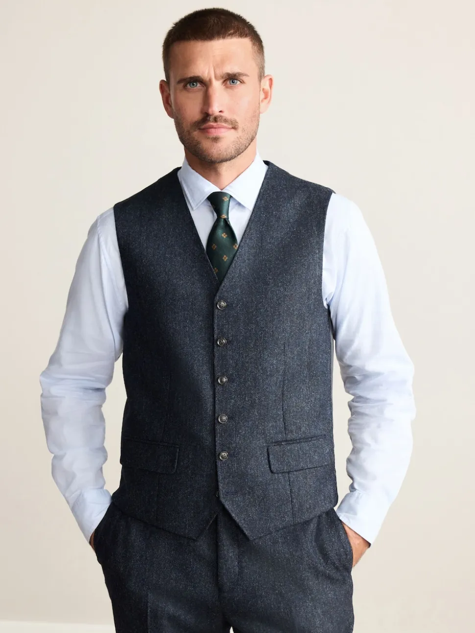 Navy Blue Signature Abraham Moon 100% British Wool Donegal Suit Waistcoat