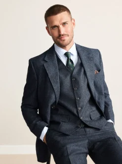 Navy Blue Signature Abraham Moon 100% British Wool Donegal Suit Waistcoat