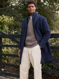Navy Blue Signature Soft Touch Wool Rich Padded Italian Fabric Funnel Neck Coat