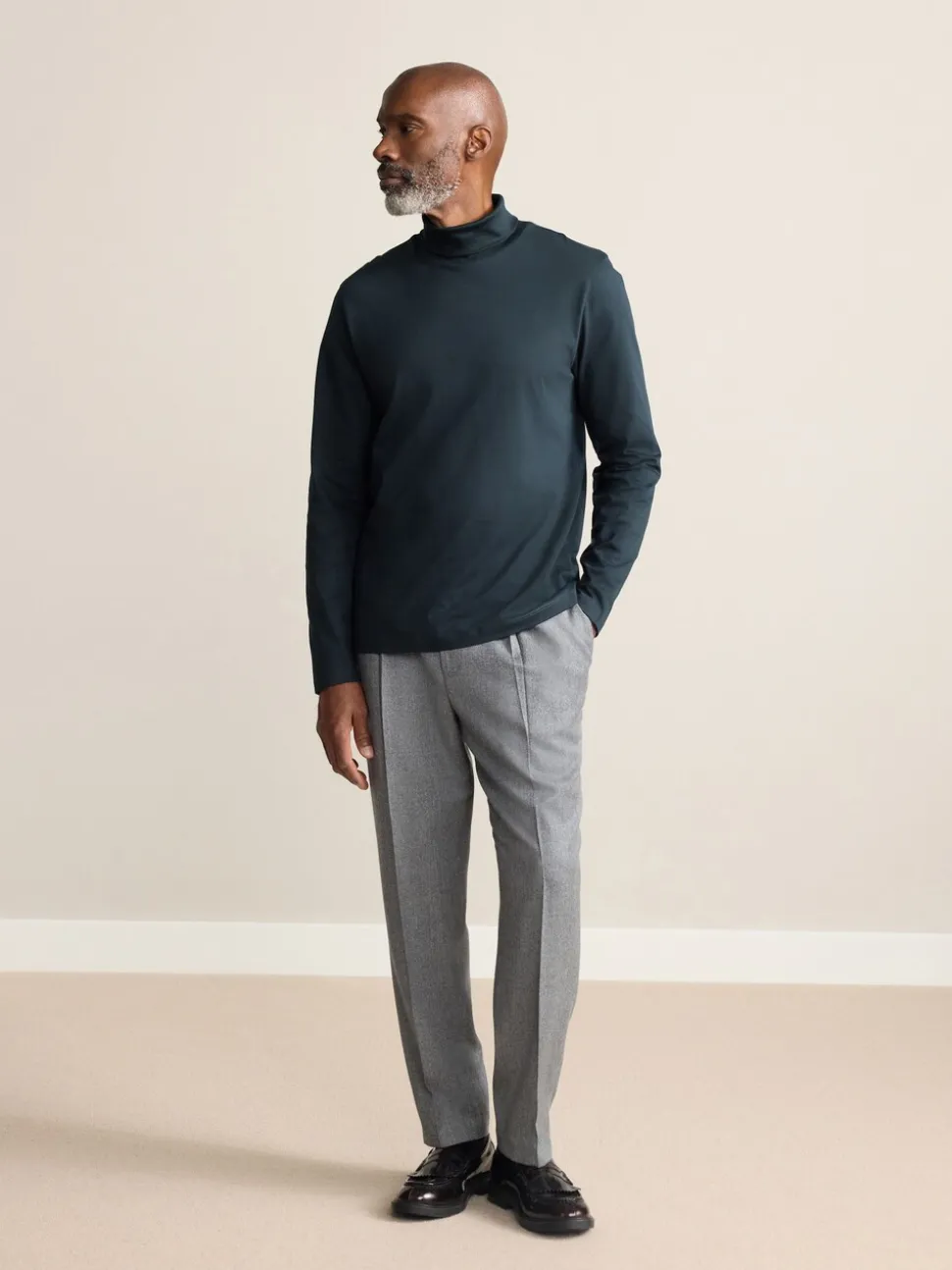 Navy Blue Signature SUPIMA® Cotton Long Sleeve Roll Neck T-Shirt