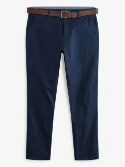 Navy Blue Slim Fit Belted Soft Touch Chino Trousers