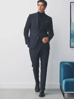 Navy Blue Slim Fit Check Suit Jacket