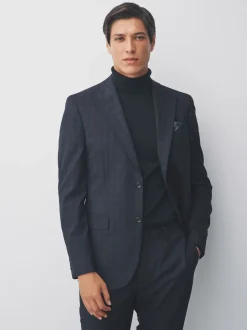 Navy Blue Slim Fit Check Suit Jacket
