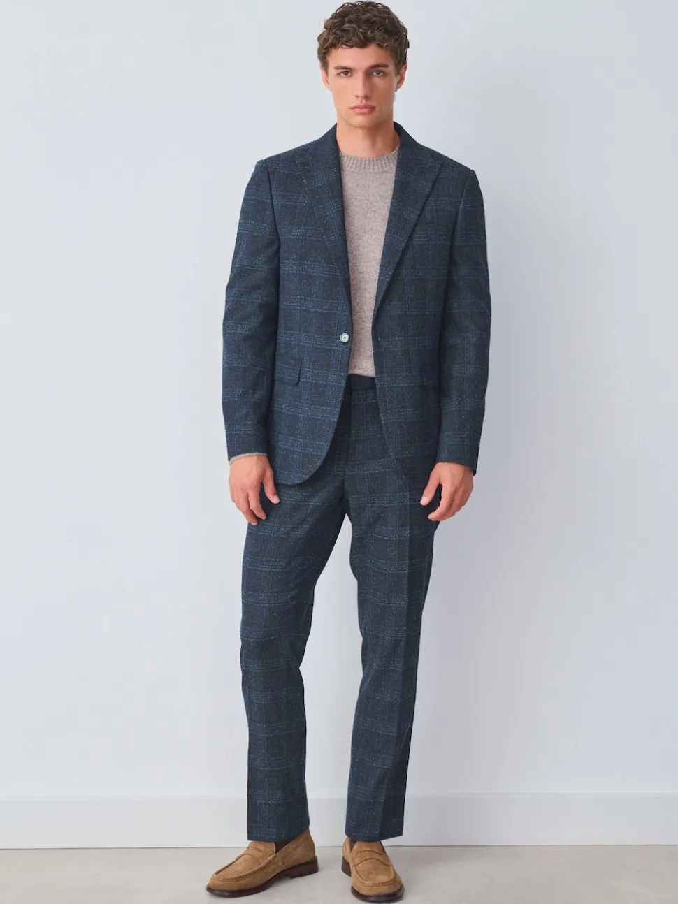 Navy Blue Slim Fit Check Suit Jacket