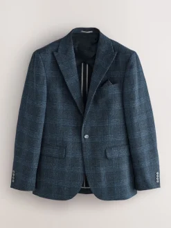 Navy Blue Slim Fit Check Suit Jacket