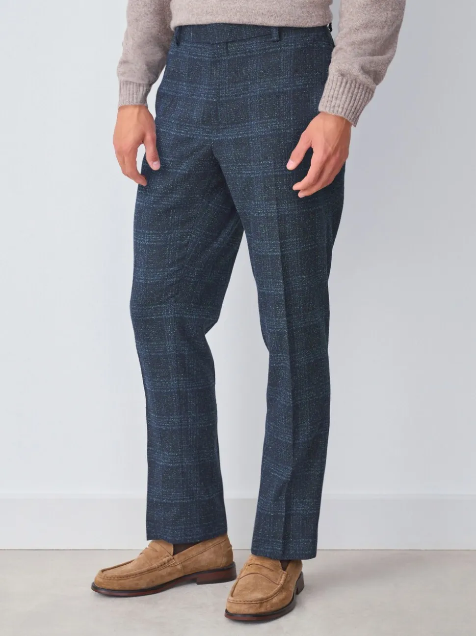 Navy Blue Slim Fit Check Suit Trousers