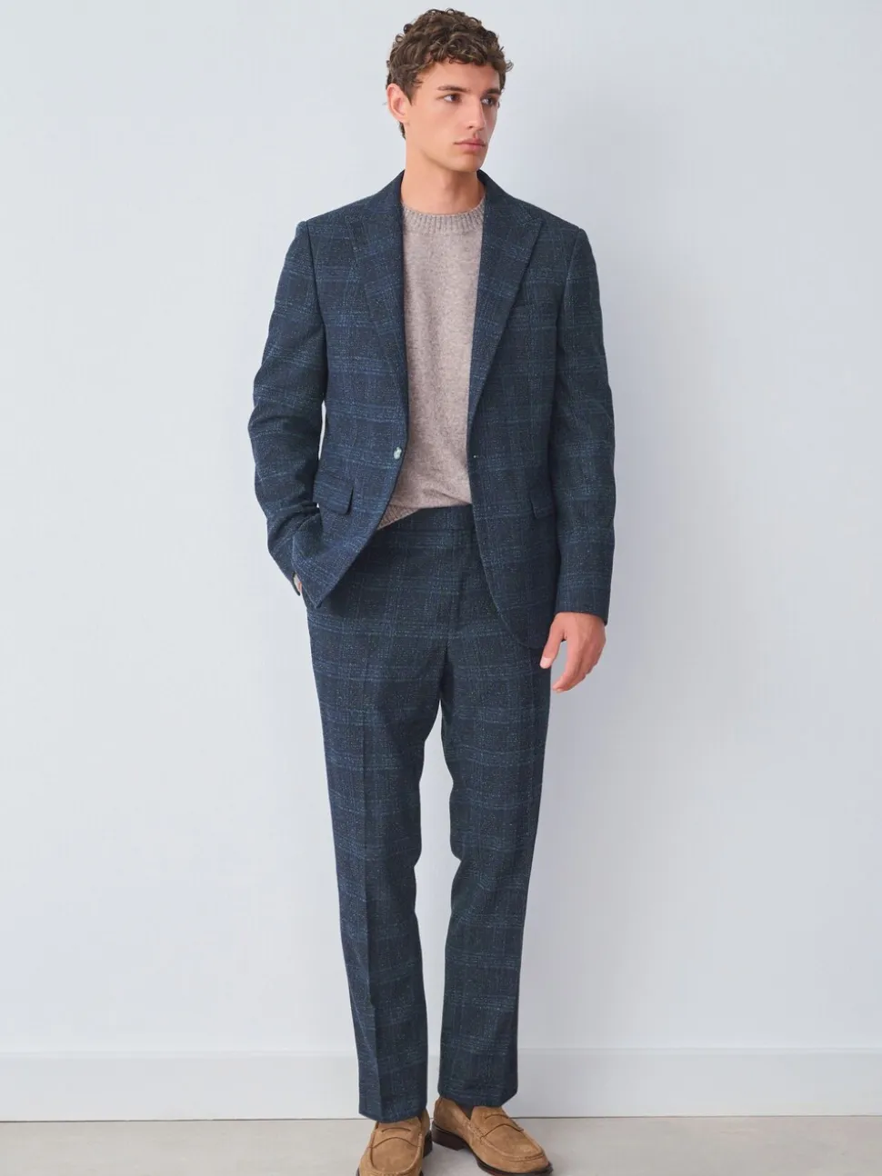 Navy Blue Slim Fit Check Suit Trousers