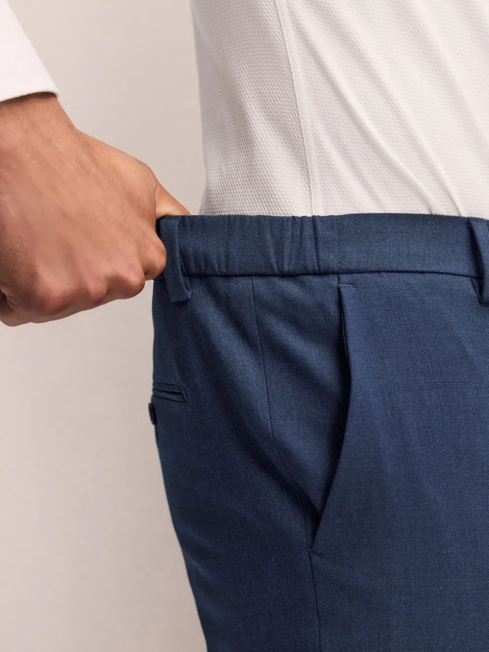 Navy Blue Slim Fit Elasticated Waist Motionflex Stretch Smart Trousers