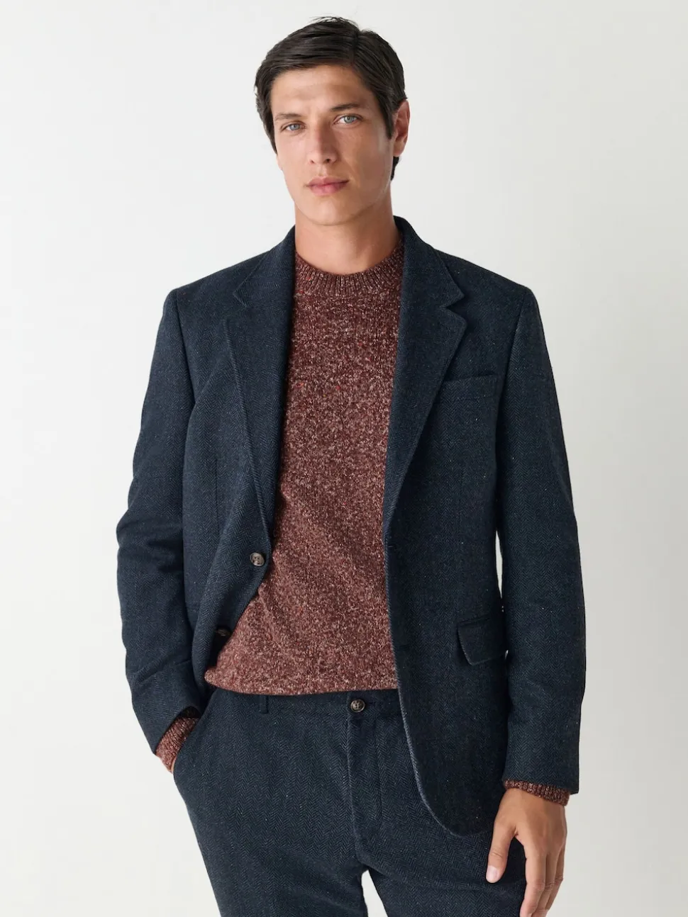 Navy Blue Slim Fit Herringbone Wool Blend Suit Jacket