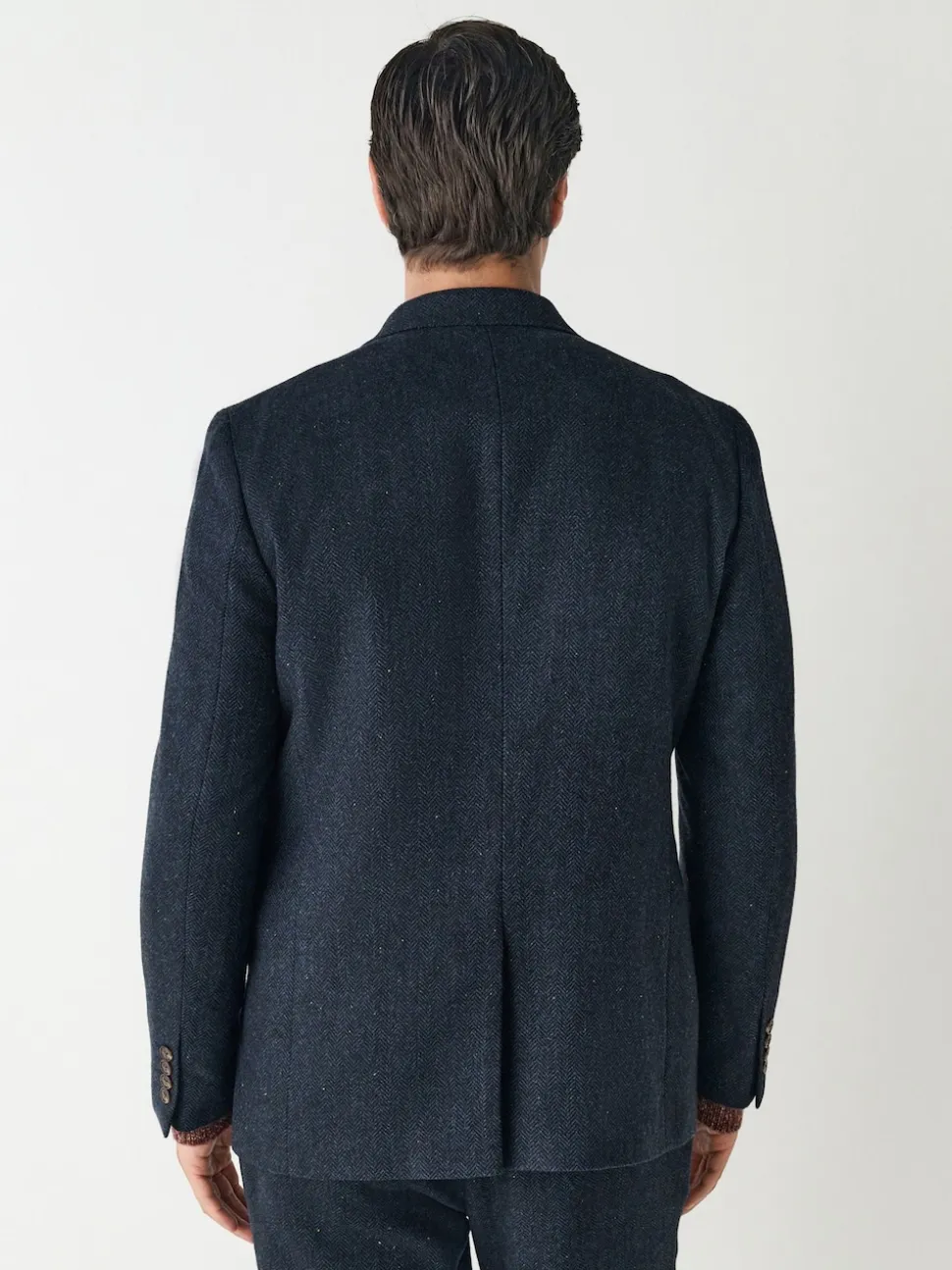 Navy Blue Slim Fit Herringbone Wool Blend Suit Jacket