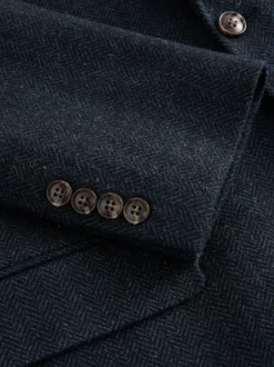 Navy Blue Slim Fit Herringbone Wool Blend Suit Jacket