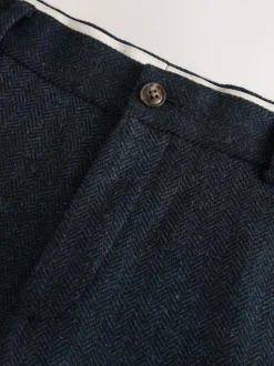 Navy Blue Slim Fit Herringbone Wool Blend Suit Trousers