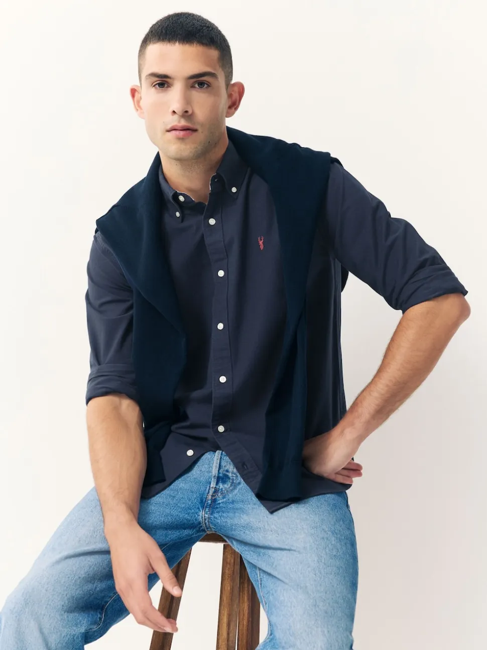 Navy Blue Slim Fit Long Sleeve Oxford Shirt