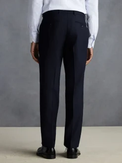Navy Blue Slim Fit Signature 100% Wool Trousers With Motion Flex Waistband