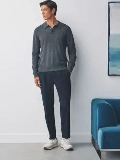Navy Blue Slim Fit Smart Stretch Trousers With Internal Drawcord