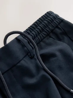Navy Blue Slim Fit Smart Stretch Trousers With Internal Drawcord