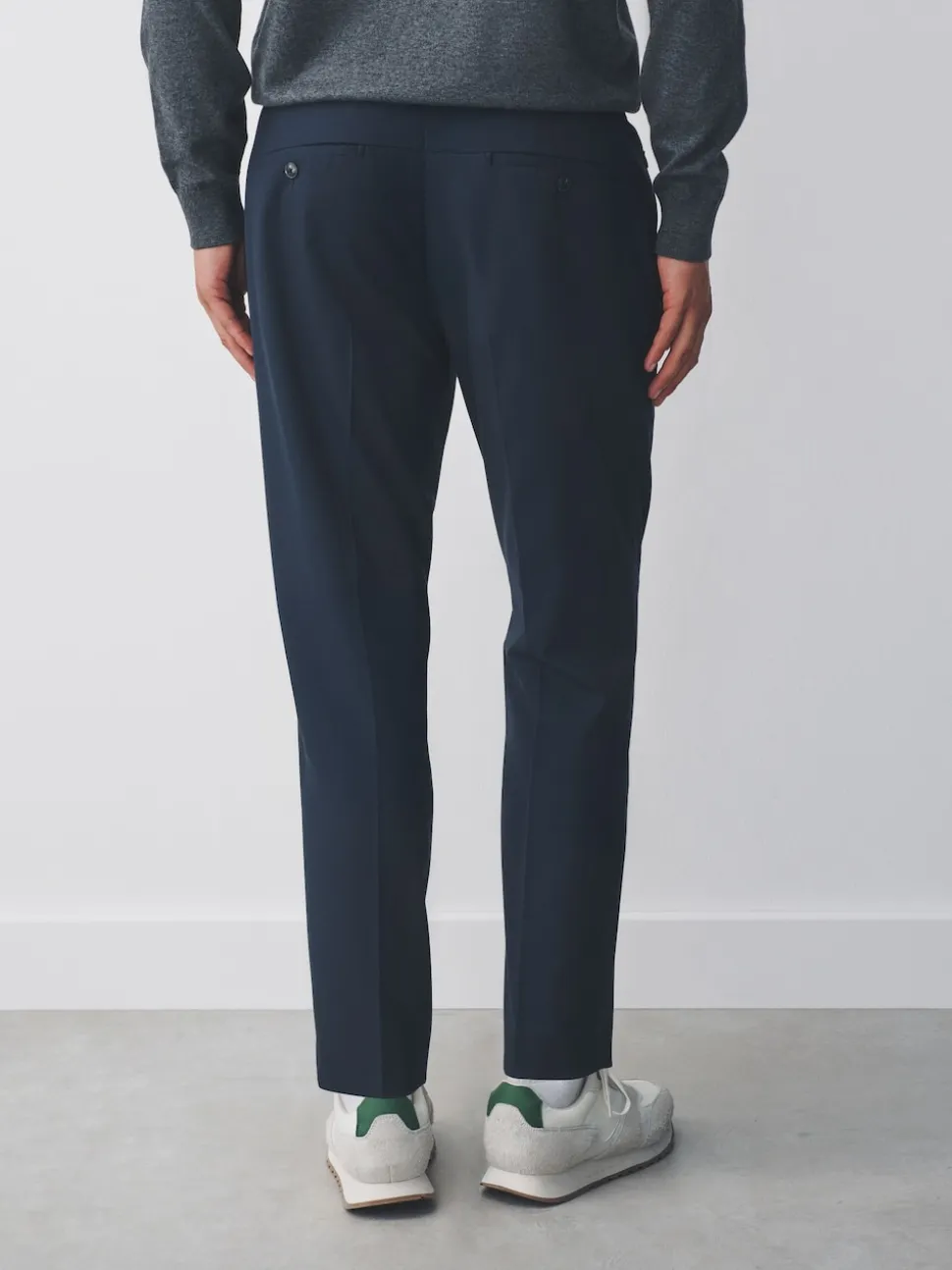 Navy Blue Slim Fit Smart Stretch Trousers With Internal Drawcord