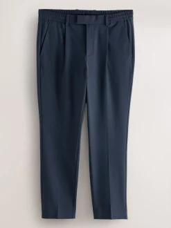 Navy Blue Slim Fit Smart Stretch Trousers With Internal Drawcord