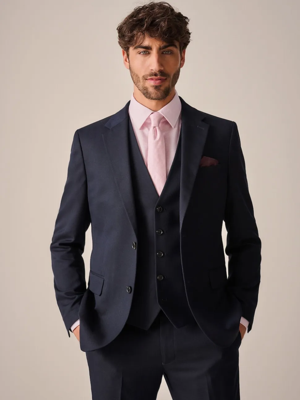 Navy Blue Slim Fit Textured Suit Jacket