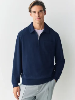 Navy Blue Soft Rib Texture Quarter Zip Neck Fleece