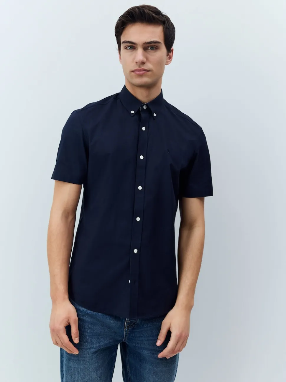 Navy Blue Stretch Oxford Short Sleeve Shirt