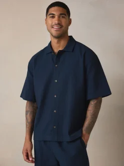 Navy Blue Stripe Short Sleeve Button Through Pyjamas Set