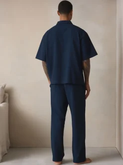 Navy Blue Stripe Short Sleeve Button Through Pyjamas Set