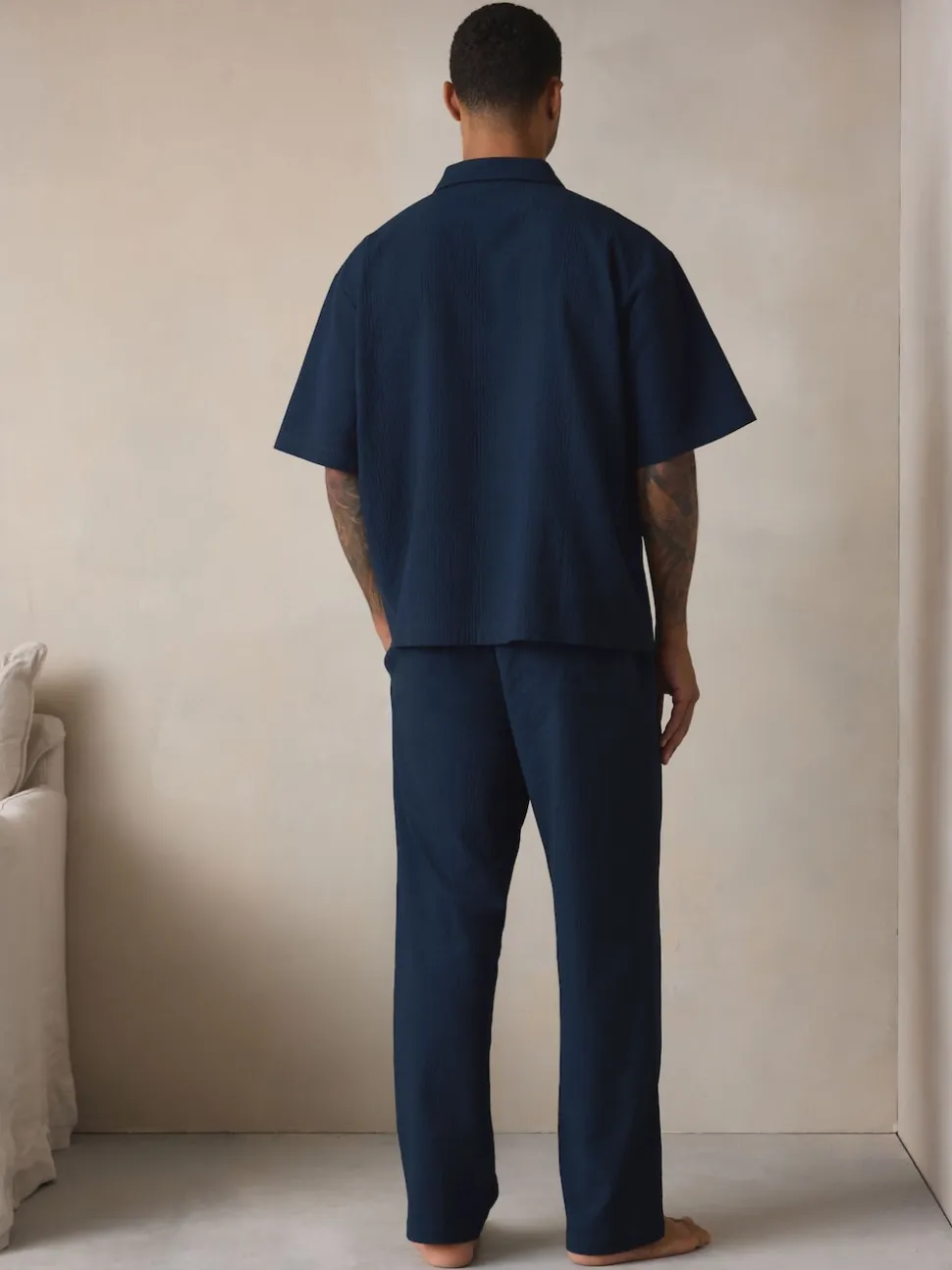 Navy Blue Stripe Short Sleeve Button Through Pyjamas Set