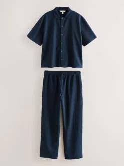Navy Blue Stripe Short Sleeve Button Through Pyjamas Set