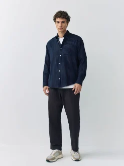 Navy Blue Stripe Soft Touch Oxford Long Sleeve Shirt