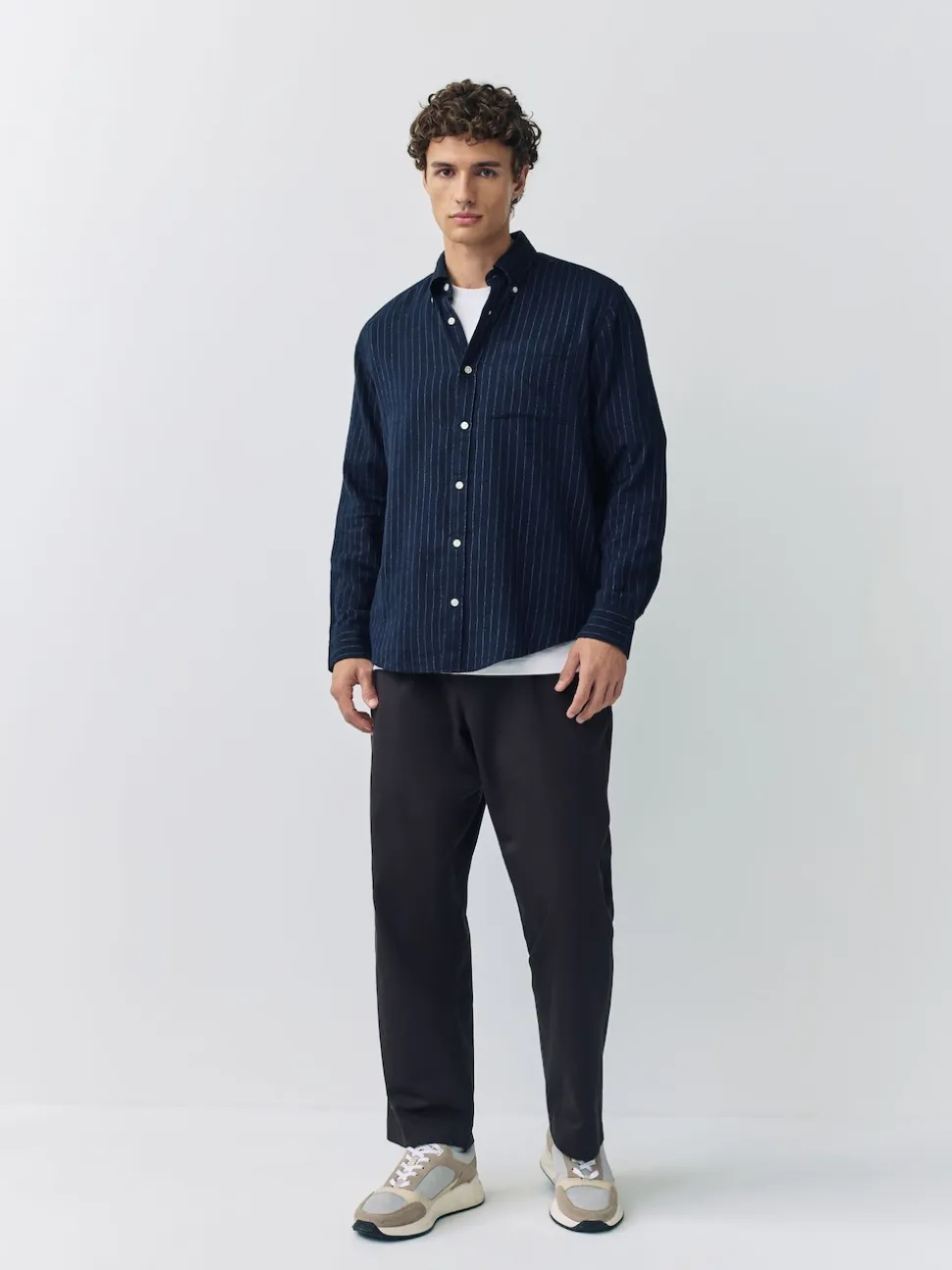 Navy Blue Stripe Soft Touch Oxford Long Sleeve Shirt