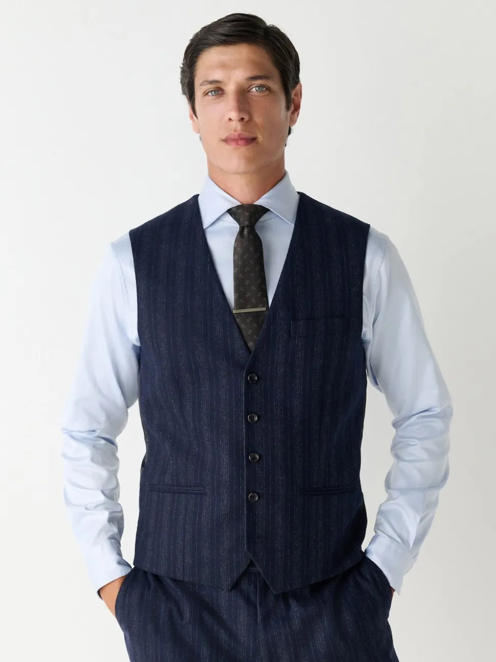 Navy Blue Striped Wool Blend Suit Waistcoat