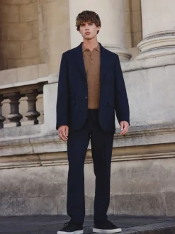 Navy Blue Tailored Fit Signature Abraham Moon 100% British Wool Donegal Suit Trousers