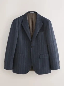 Navy Blue Tailored Fit Striped Wool Blend Suit Jacket