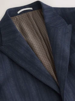 Navy Blue Tailored Fit Striped Wool Blend Suit Jacket