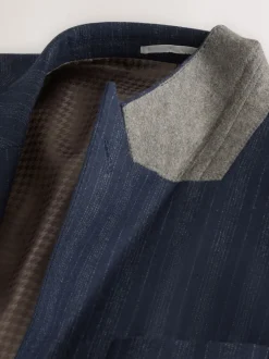 Navy Blue Tailored Fit Striped Wool Blend Suit Jacket
