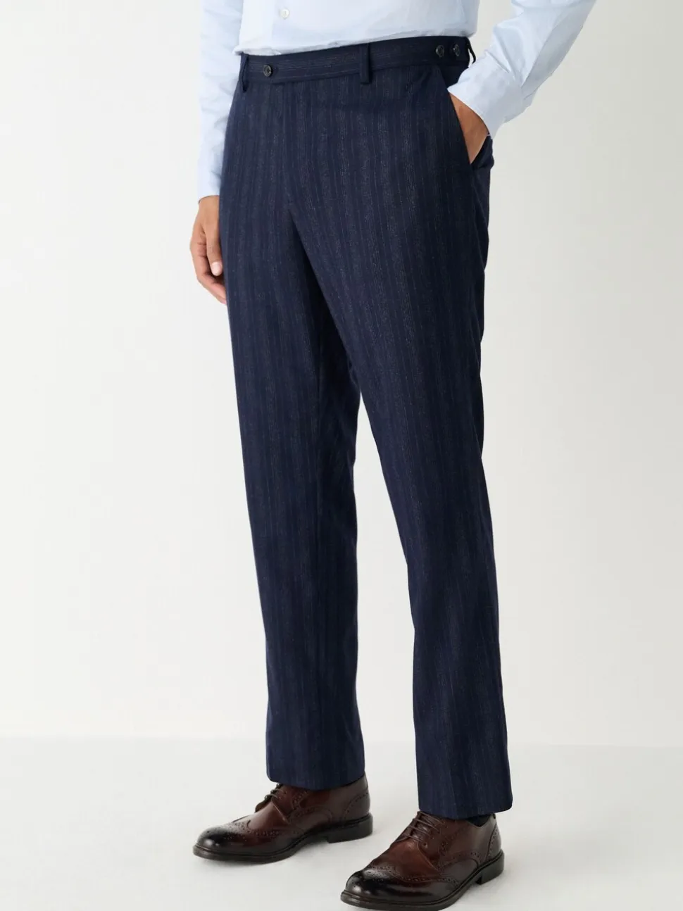 Navy Blue Tailored Fit Striped Wool Blend Suit Trousers